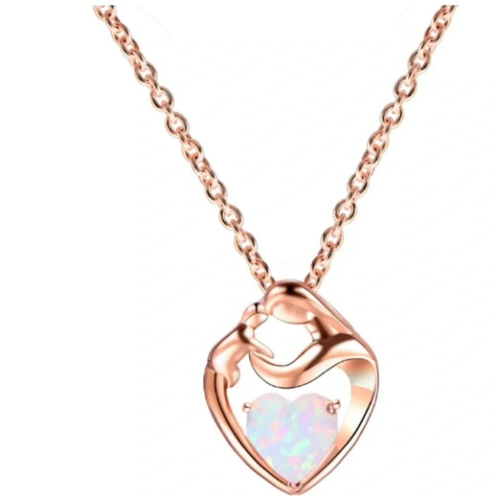 Flyow Fine Jewelry Women’s Loving Mother Child Heart White Opal Necklace